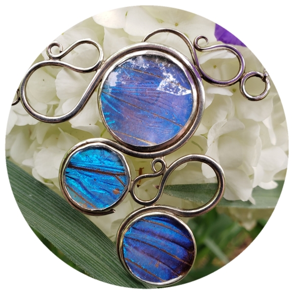 Artisan Jewelry - SOLD-  Artisan Sterling Morpho Menelaus Butterfly Wing Necklace 925 Silver